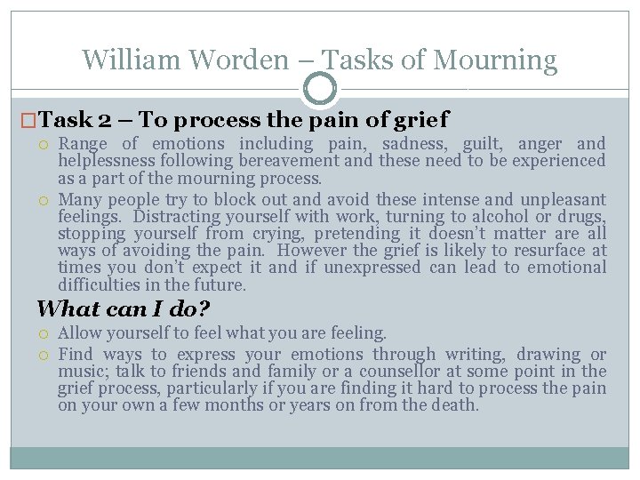 William Worden – Tasks of Mourning �Task 2 – To process the pain of