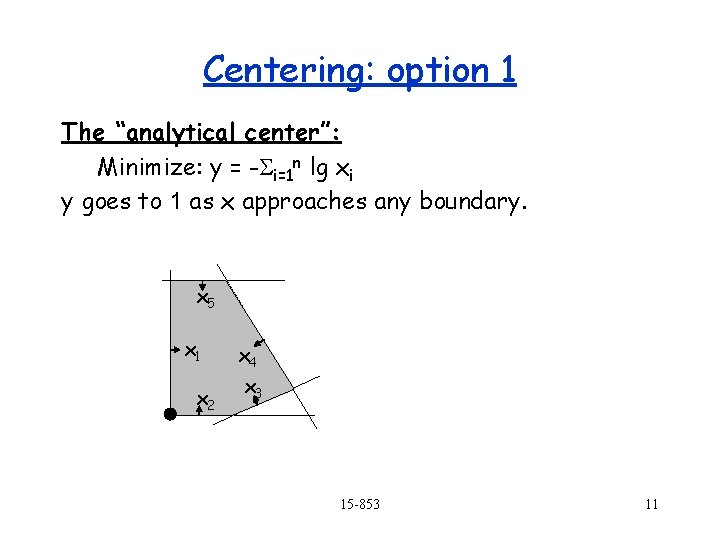 Centering: option 1 The “analytical center”: Minimize: y = -Si=1 n lg xi y