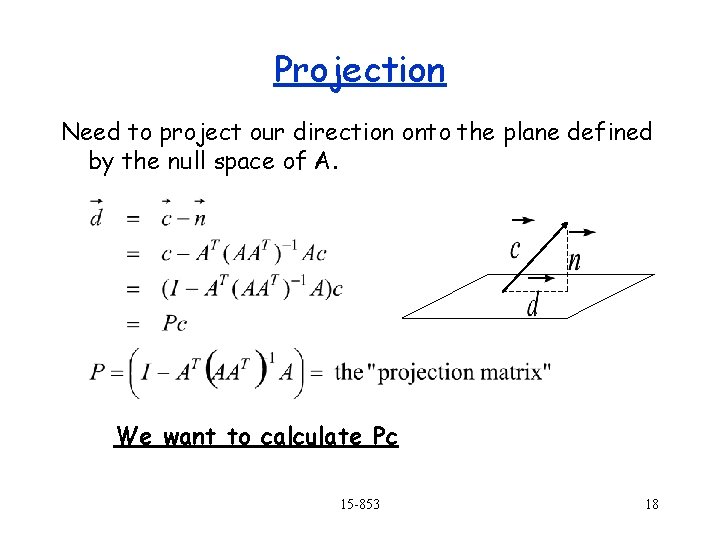 Projection Need to project our direction onto the plane defined by the null space