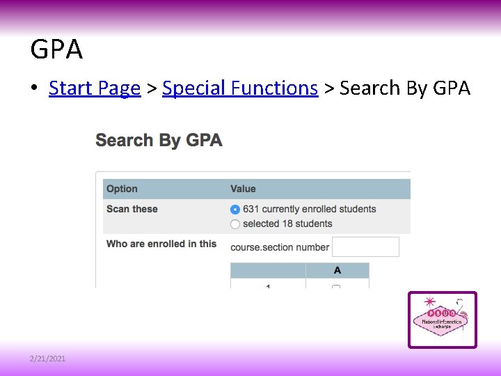 GPA • Start Page > Special Functions > Search By GPA 2/21/2021 