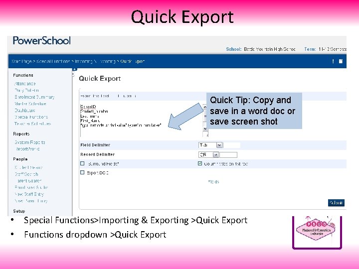 Quick Export Quick Tip: Copy and save in a word doc or save screen