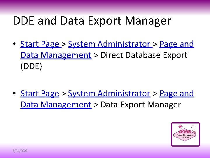 DDE and Data Export Manager • Start Page > System Administrator > Page and