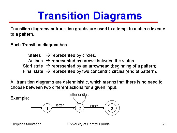 Transition Diagrams Transition diagrams or transition graphs are used to attempt to match a