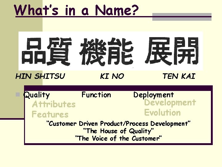 What’s in a Name? HIN SHITSU n Quality Attributes Features KI NO Function TEN