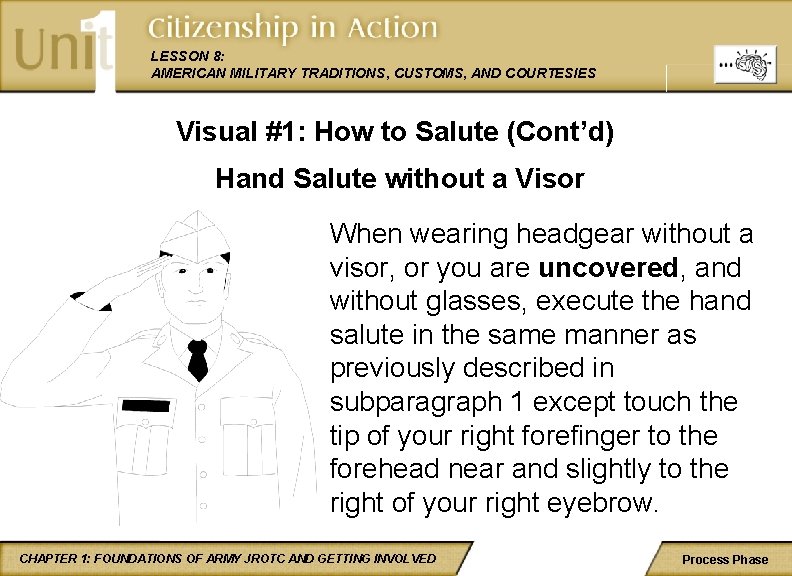 LESSON 8: AMERICAN MILITARY TRADITIONS, CUSTOMS, AND COURTESIES Visual #1: How to Salute (Cont’d)