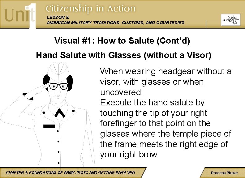 LESSON 8: AMERICAN MILITARY TRADITIONS, CUSTOMS, AND COURTESIES Visual #1: How to Salute (Cont’d)