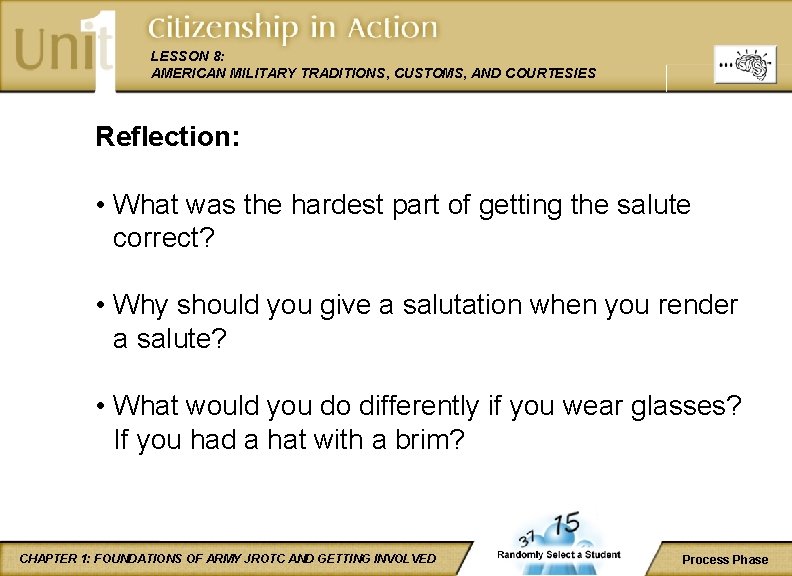 LESSON 8: AMERICAN MILITARY TRADITIONS, CUSTOMS, AND COURTESIES Reflection: • What was the hardest