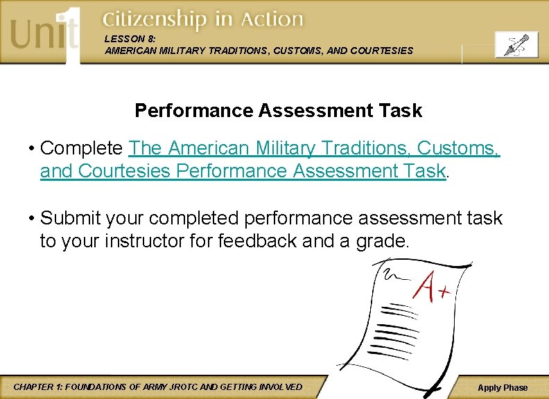 LESSON 8: AMERICAN MILITARY TRADITIONS, CUSTOMS, AND COURTESIES Performance Assessment Task • Complete The