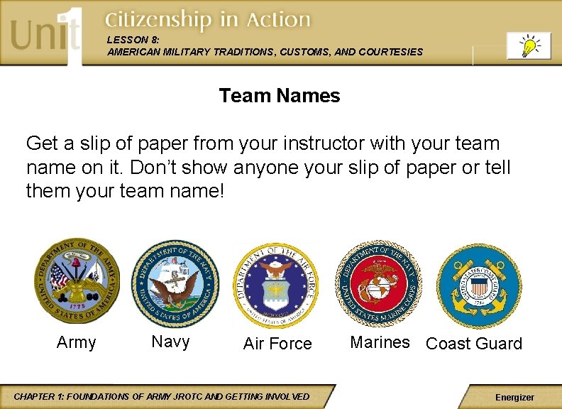 LESSON 8: AMERICAN MILITARY TRADITIONS, CUSTOMS, AND COURTESIES Team Names Get a slip of