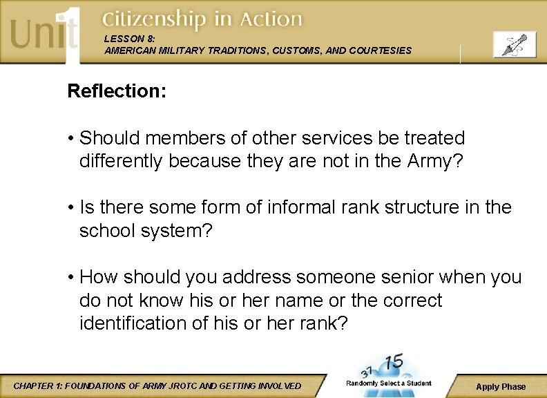 LESSON 8: AMERICAN MILITARY TRADITIONS, CUSTOMS, AND COURTESIES Reflection: • Should members of other