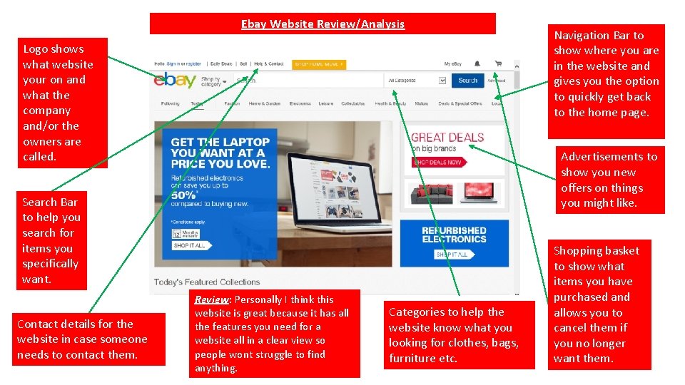 Ebay Website Review/Analysis Logo shows what website your on and what the company and/or