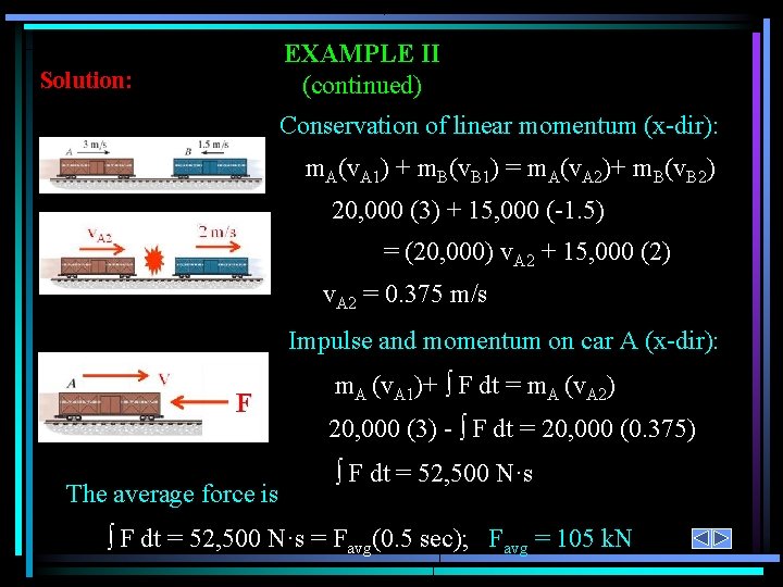 Solution: EXAMPLE II (continued) Conservation of linear momentum (x-dir): m. A(v. A 1) +