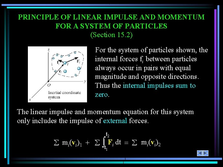 PRINCIPLE OF LINEAR IMPULSE AND MOMENTUM FOR A SYSTEM OF PARTICLES (Section 15. 2)