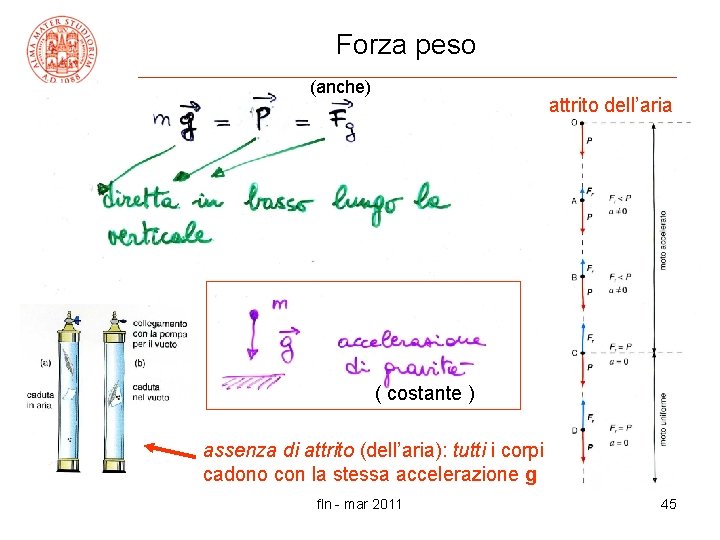 Forza peso (anche) attrito dell’aria ( costante ) assenza di attrito (dell’aria): tutti i