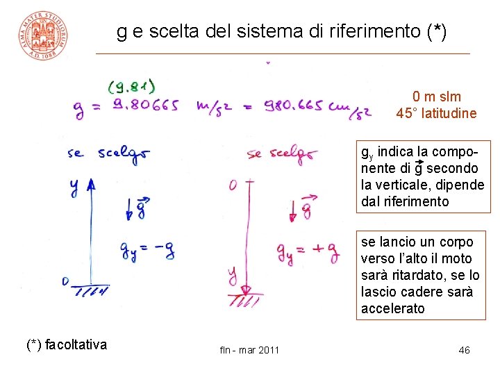 g e scelta del sistema di riferimento (*) 0 m slm 45° latitudine gy