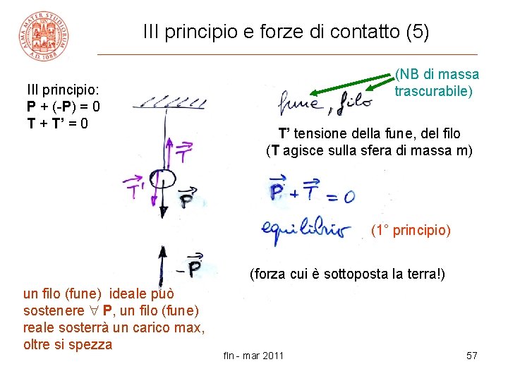 III principio e forze di contatto (5) III principio: P + (-P) = 0