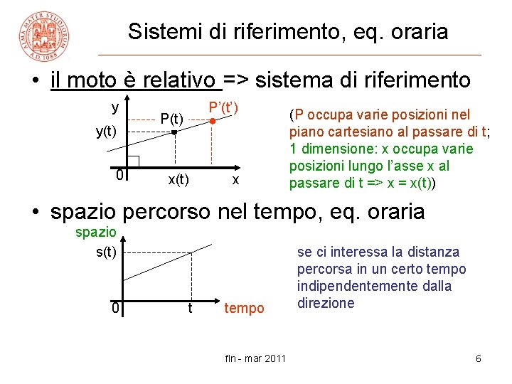 Sistemi di riferimento, eq. oraria • il moto è relativo => sistema di riferimento