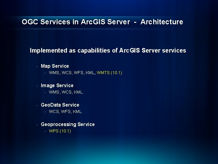 OGC Services in Arc. GIS Server - Architecture Implemented as capabilities of Arc. GIS