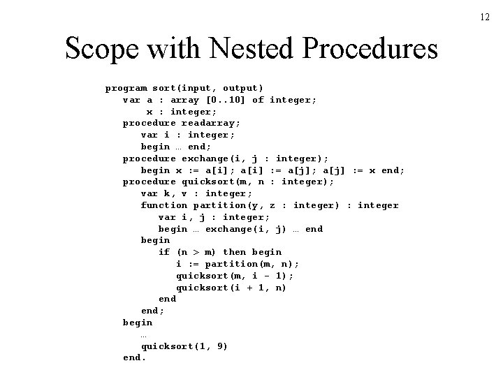 12 Scope with Nested Procedures program sort(input, output) var a : array [0. .