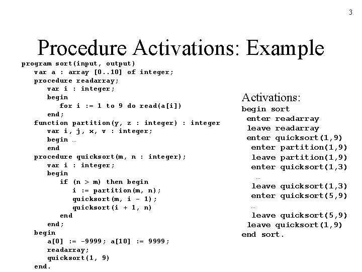 3 Procedure Activations: Example program sort(input, output) var a : array [0. . 10]
