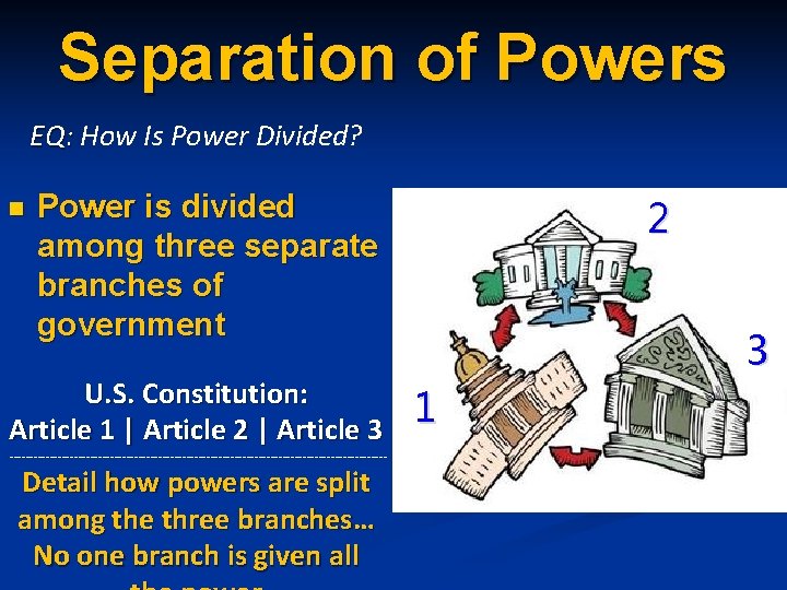 Separation of Powers EQ: How Is Power Divided? n Power is divided among three