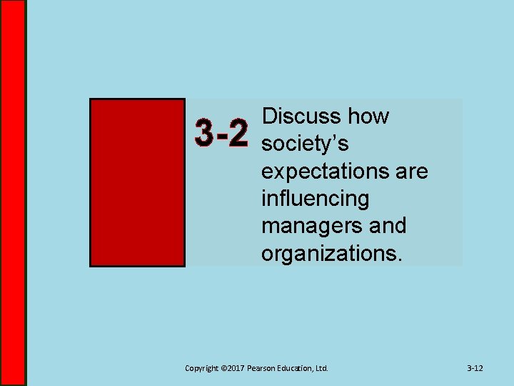 3 -2 Discuss how society’s expectations are influencing managers and organizations. Copyright © 2017