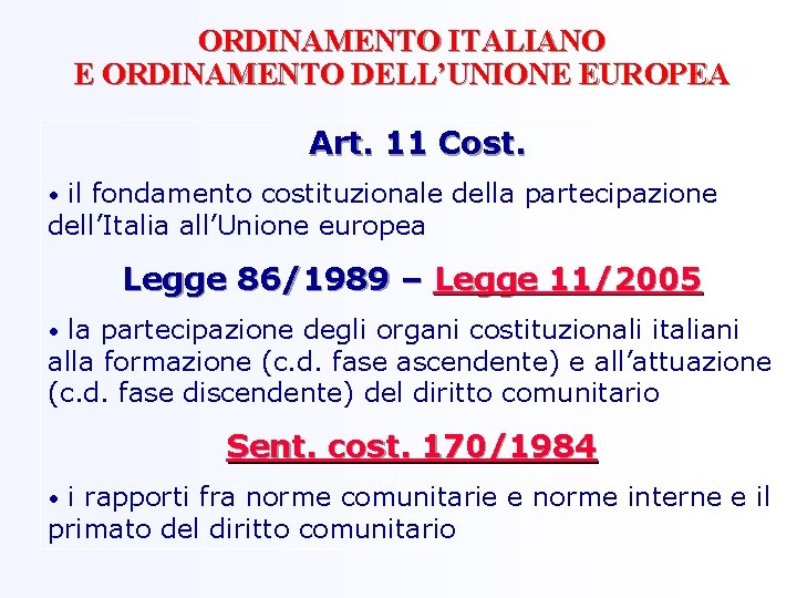 ORDINAMENTO ITALIANO E ORDINAMENTO DELL’UNIONE EUROPEA Art. 11 Cost. • il fondamento costituzionale della