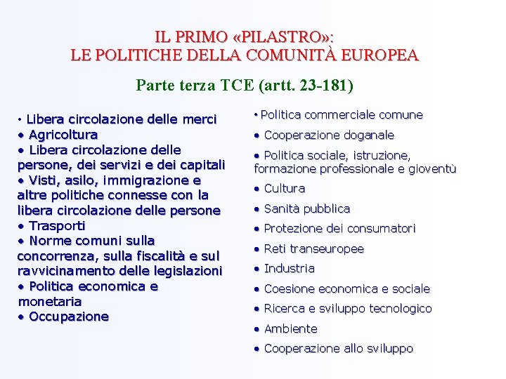 IL PRIMO «PILASTRO» : LE POLITICHE DELLA COMUNITÀ EUROPEA Parte terza TCE (artt. 23