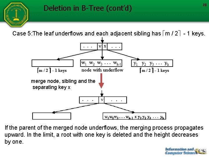 Deletion in B-Tree (cont’d) 28 Case 5: The leaf underflows and each adjacent sibling