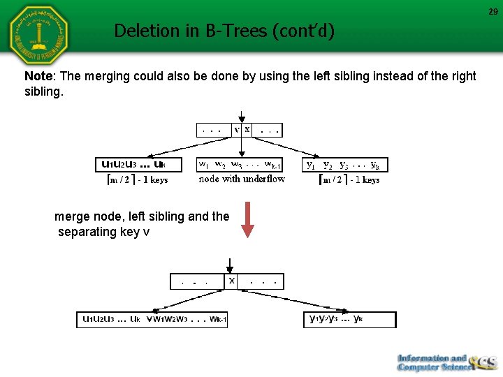 29 Deletion in B-Trees (cont’d) Note: The merging could also be done by using