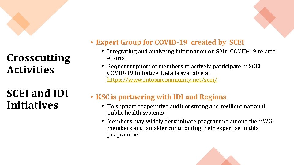 INTOSAI Knowledge Sharing & Knowledge Services Committee • Expert Group for COVID-19 created by