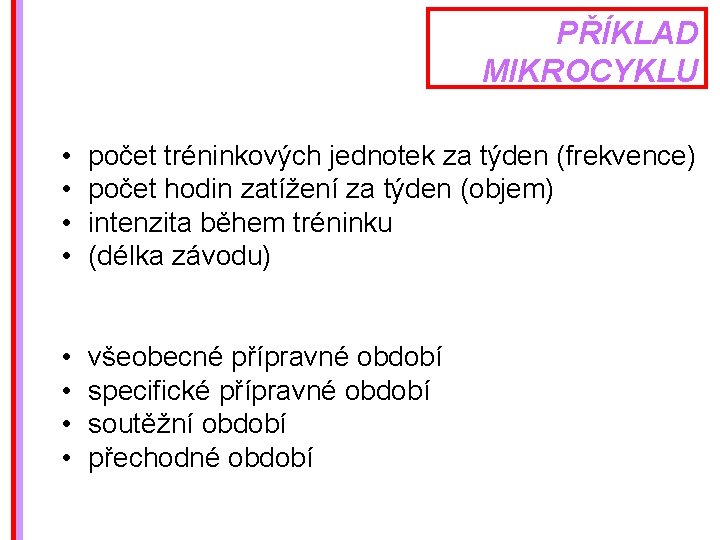 PŘÍKLAD MIKROCYKLU • • počet tréninkových jednotek za týden (frekvence) počet hodin zatížení za