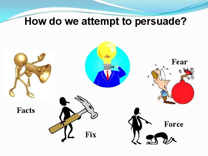 How do we attempt to persuade? Fear Facts Force Fix 