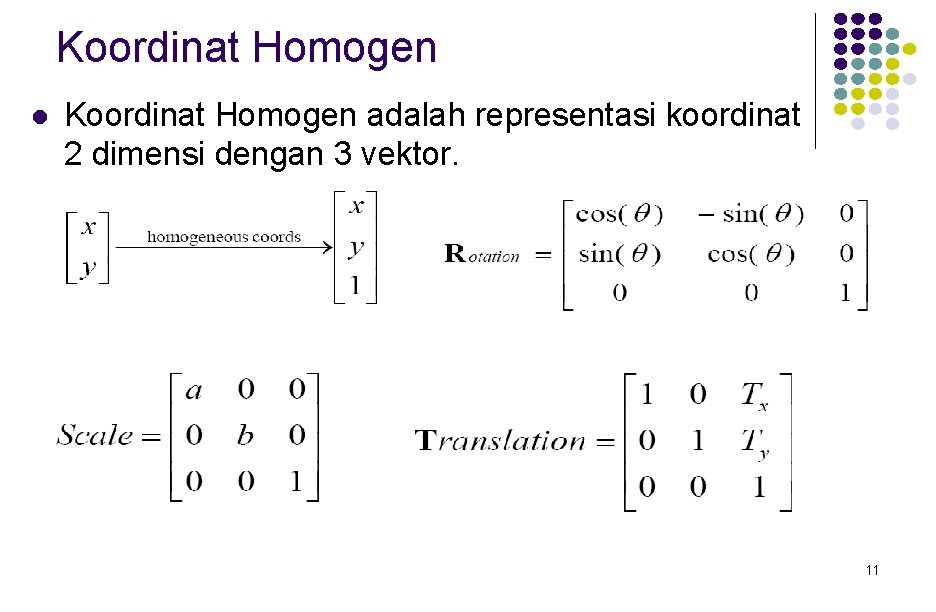 Koordinat Homogen l Koordinat Homogen adalah representasi koordinat 2 dimensi dengan 3 vektor. 11
