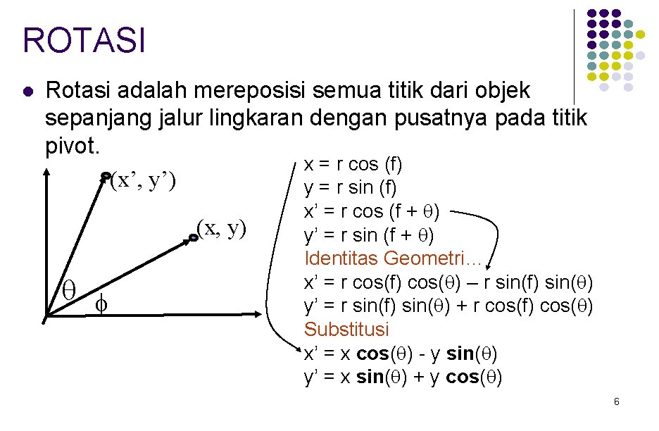 ROTASI l Rotasi adalah mereposisi semua titik dari objek sepanjang jalur lingkaran dengan pusatnya