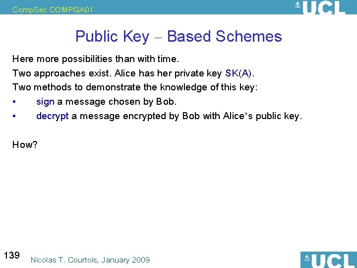 Comp. Sec COMPGA 01 Public Key – Based Schemes Here more possibilities than with