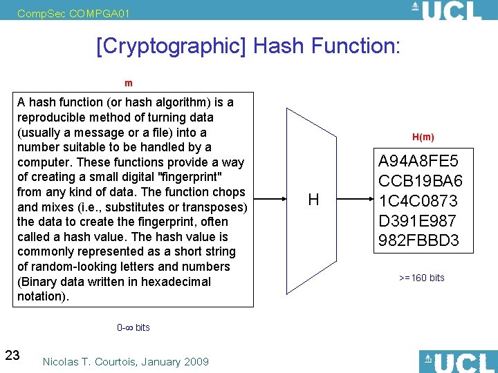 Comp. Sec COMPGA 01 [Cryptographic] Hash Function: m A hash function (or hash algorithm)