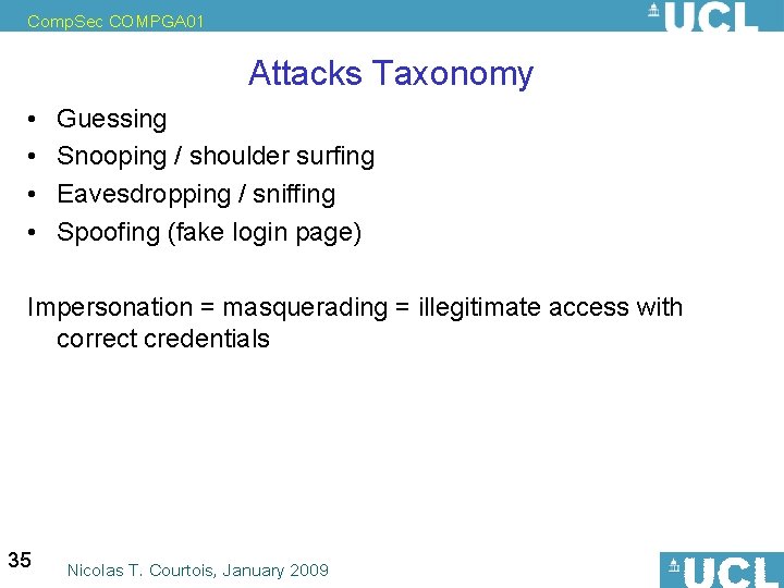 Comp. Sec COMPGA 01 Attacks Taxonomy • • Guessing Snooping / shoulder surfing Eavesdropping