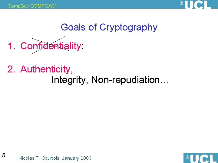 Comp. Sec COMPGA 01 Goals of Cryptography 1. Confidentiality: privacy, anonymity or pseudonymity. 2.