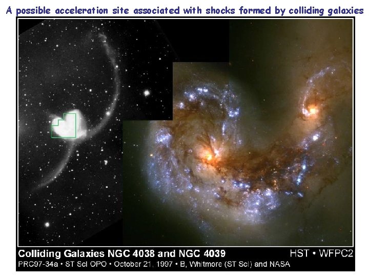 A possible acceleration site associated with shocks formed by colliding galaxies 