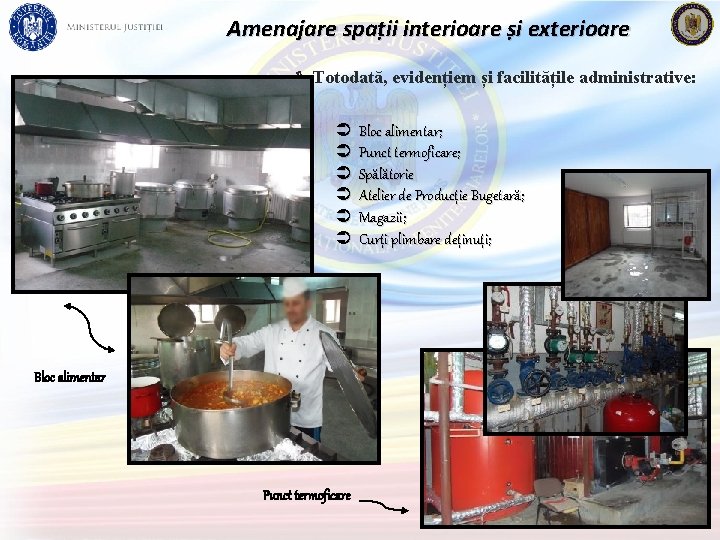 Amenajare spații interioare și exterioare ë Totodată, evidențiem și facilitățile administrative: Bloc alimentar; Punct