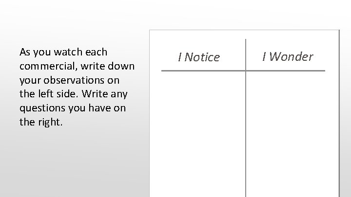 As you watch each commercial, write down your observations on the left side. Write As you watch each commercial, write down your observations on the left side. Write