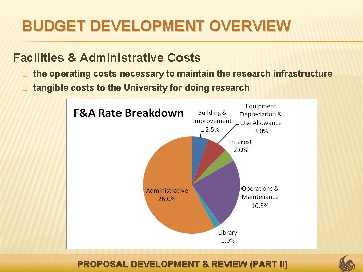 BUDGET DEVELOPMENT OVERVIEW Facilities & Administrative Costs � the operating costs necessary to maintain