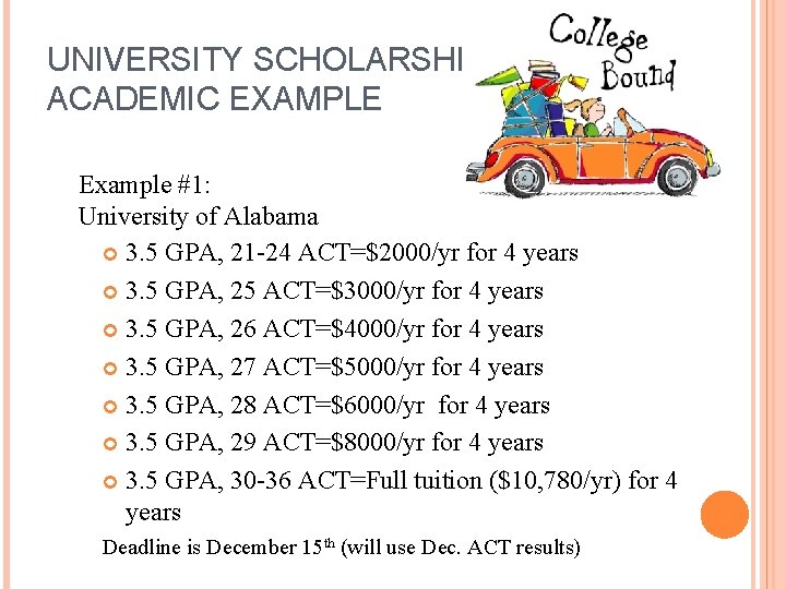 UNIVERSITY SCHOLARSHIPS ACADEMIC EXAMPLE Example #1: University of Alabama 3. 5 GPA, 21 -24