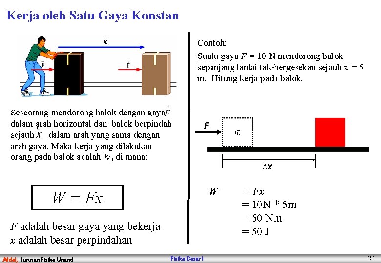 Kerja oleh Satu Gaya Konstan Contoh: Suatu gaya F = 10 N mendorong balok