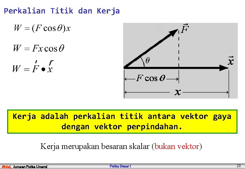Perkalian Titik dan Kerja adalah perkalian titik antara vektor gaya dengan vektor perpindahan. Kerja