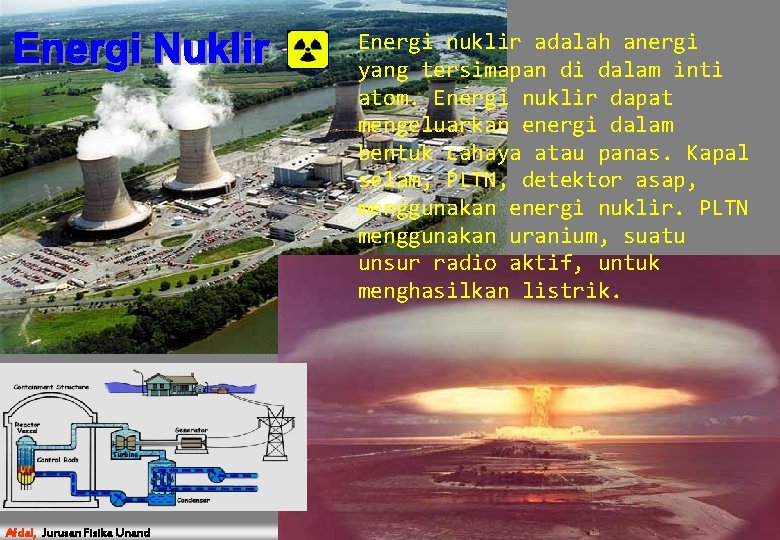 Energi nuklir adalah anergi yang tersimapan di dalam inti atom. Energi nuklir dapat mengeluarkan