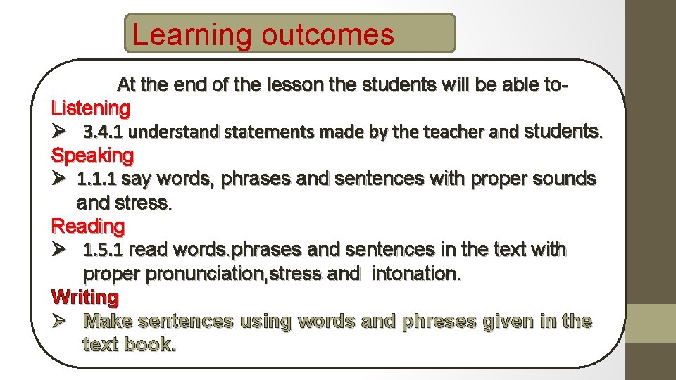 Learning outcomes At the end of the lesson the students will be able to.