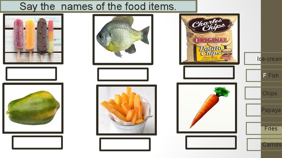 Say the names of the food items. IIce-cream F Fish Chips Papaya Fries Carrots