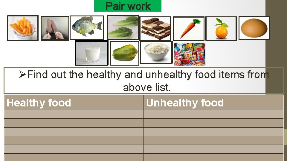 Pair work ØFind out the healthy and unhealthy food items from above list. Healthy